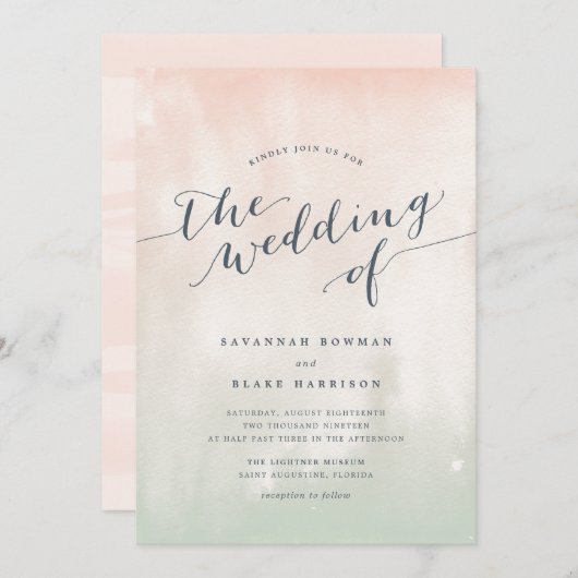 sorbet | Waterverf Pastel bruiloft uitnodiging (Voorkant / Achterkant)