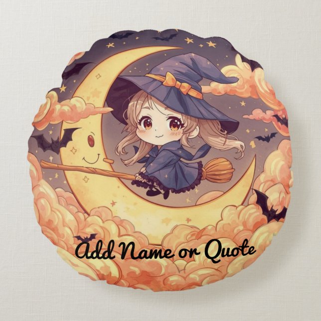 Sorcière adorable sur Coussin rond de lune (Devant)