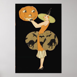 Sorcière Art Déco Jack-o'-lantern Citrouille Chat 