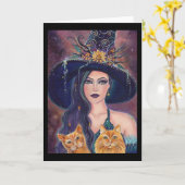 Sorcière d'Halloween avec carte de voeux de chats (Fleur jaune)