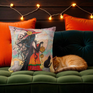 Sorcière et Coussin de chat noir pour Halloween