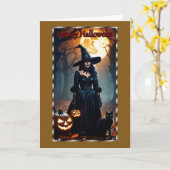 Sorcière noire, Carte Halloween Chat Noir (Fleur jaune)