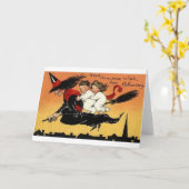 Sorcière vintage sur la carte d'Halloween Broomsti (Fleur jaune)