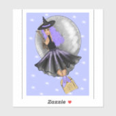 Sorcière Violette Volant Sur Un Sticker Broomstick (Feuille)
