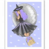 Sorcière Violette Volant Sur Un Sticker Broomstick (Devant)