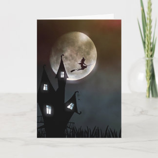 Sorcière volant sur la carte Haunted House Hallowe