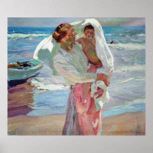 Sorolla - Na het baden vrouw en kind Poster