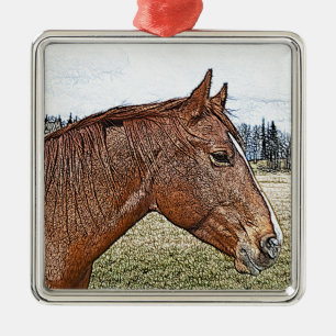 Sorrel Horse Portrait Equine Art Illustratie Metalen Ornament