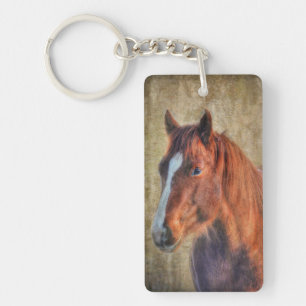 Sorrel Horse Portret op Rustic Grunge-effect Sleutelhanger