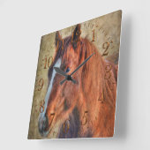 Sorrel Horse Portret op Rustic Grunge-effect Vierkante Klok (Hoek)