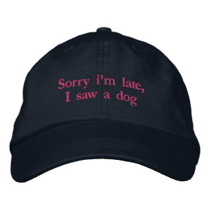 Sorry dat ik te laat ben, ik zag een grappige hond geborduurde pet