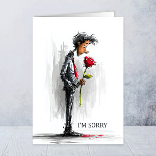 Sorry treurige man die rode roos vasthoudt kaart