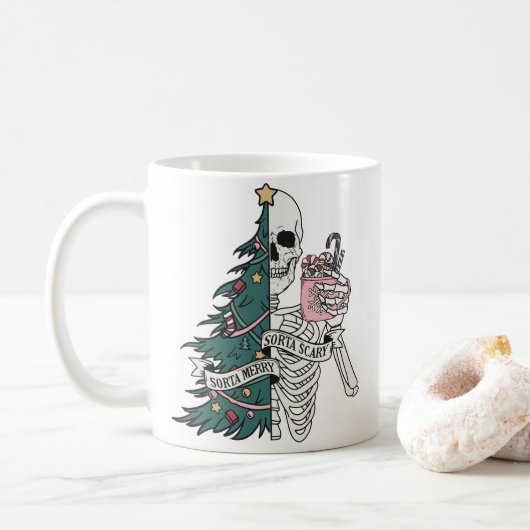 "Sorta Scary Sorta Merry" Kerstskelet Koffiemok (Met donut)