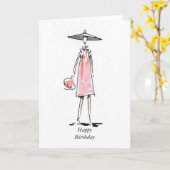 Sortie pour déjeuner dame en rose Bonne carte d'an (Fleur jaune)