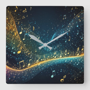 Soundwaves & muzieknoten ontwerp wandklok vierkante klok