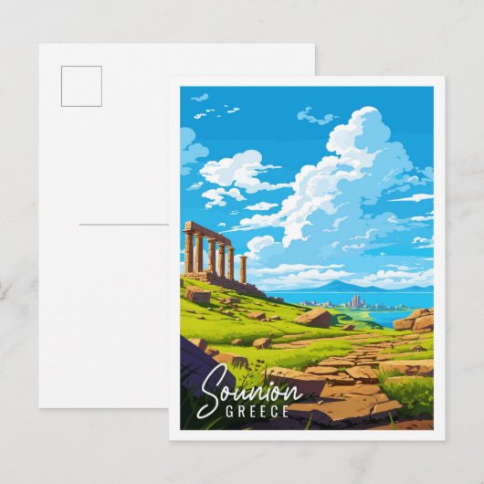 Sounion Griekenland vintage reisillustratie Briefkaart (Voorkant / Achterkant)