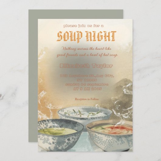 Soup Night Dinner Party Invitations Kaart (Voorkant / Achterkant)