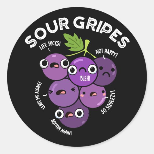 Sour Gripes Funny Fruit Grape Pun Dark BG Ronde Sticker (Voorkant)