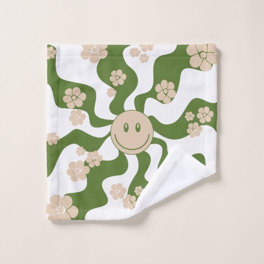 Sourire en blanc, sable et vert palme (Gant de toilette)