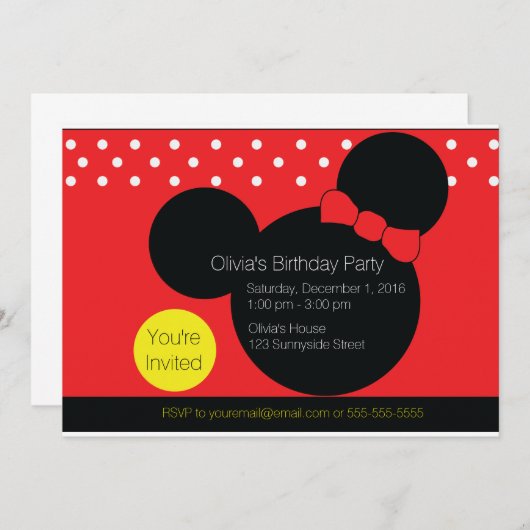 Souris avec Bow rouge - Invitation de la fête (Devant / Derrière)