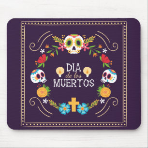 Souris Crânes florales colorées Dia de Muertos   Tapis de