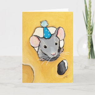 Souris dans un chapeau de fête bleu - Carte de vœu