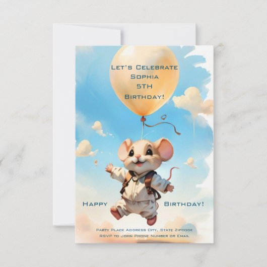 Souris mignonne avec ballon Happy Invitation pour (Devant)