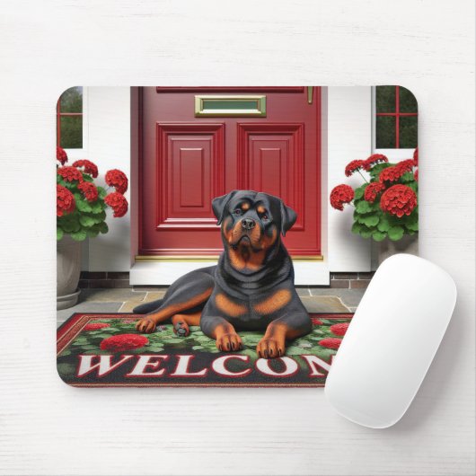 Souris Rottweiler sur un tapis de bienvenue (Avec souris)