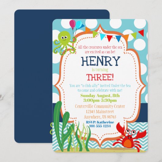 Sous la mer Anniversaire de fête Invitation Sea Li (Devant / Derrière)