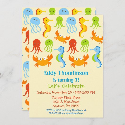 Sous la mer Anniversaire Invitation Créatures (Devant / Derrière)