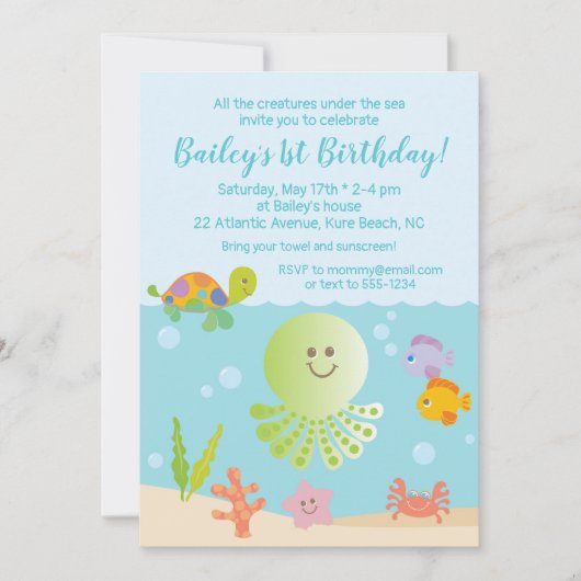 Sous la mer Invitation d'anniversaire en bleu et v (Devant)