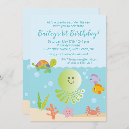 Sous la mer Invitation d'anniversaire en bleu et v (Devant / Derrière)