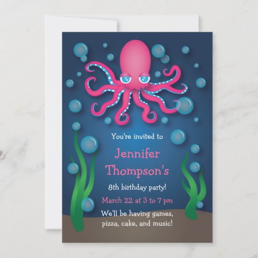 Sous la mer Pink Octopus Invitations d'anniversair (Devant)