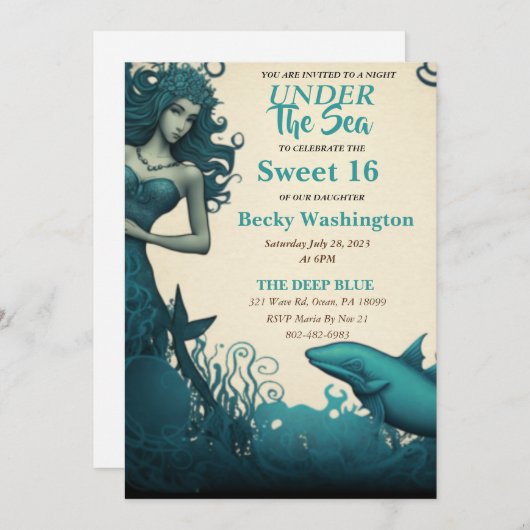 Sous la mer Sirène douce 16 Invitation (Devant / Derrière)