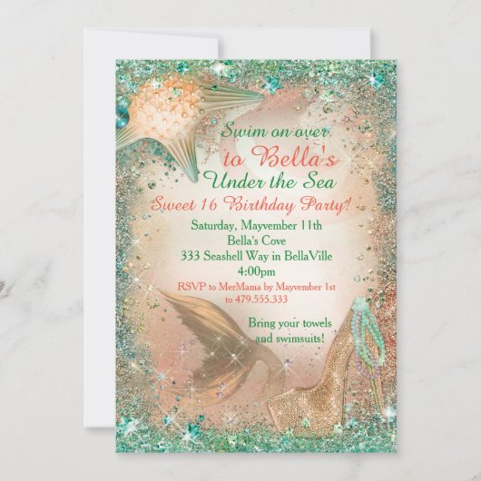 Sous la mer Sirène Invitations d'anniversaire (Devant)