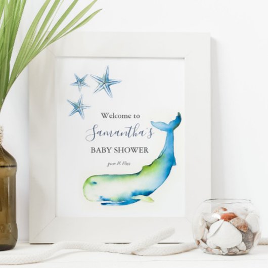 Sous les affiches du Baby shower de baleines bleu 