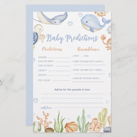 Sous les animaux de mer océan Carte de prédictions (Devant / Derrière)