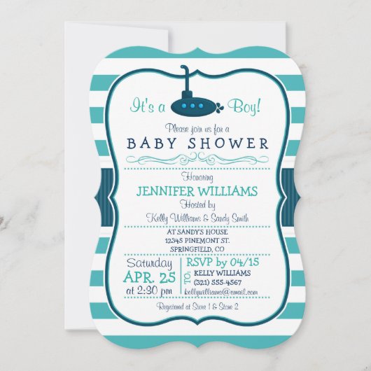 Sous-marin nautique; Invitation Baby shower garçon (Devant)