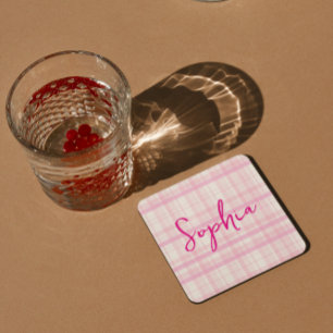 Sous-verre en papier à carreaux rose personnalisé