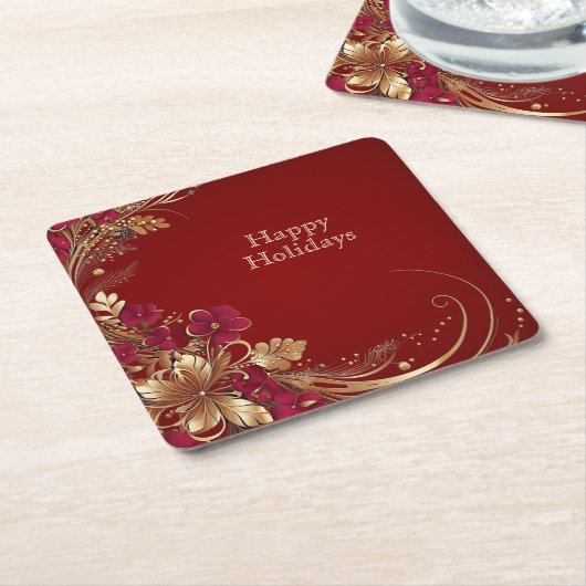 Sous-verre en papier de fête floral or rouge (Incliné)