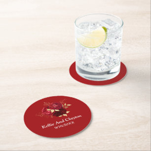 Sous-verre en papier rond de mariage floral rouge 