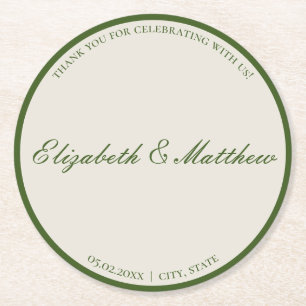 Sous-verre en papier rond de mariage vert classiqu