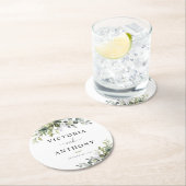 Sous-verre rond mariage eucalyptus (En situation)