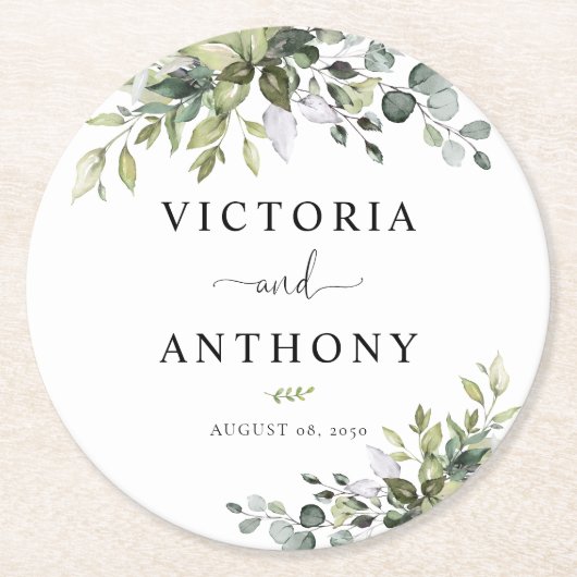 Sous-verre rond mariage eucalyptus (Devant)