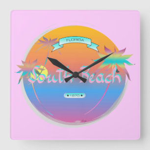 South Beach, Miami, Florida met Palms Wall Clock Vierkante Klok