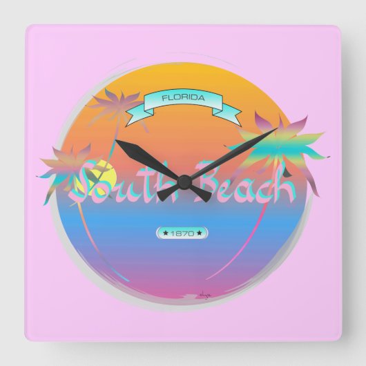South Beach, Miami, Florida met Palms Wall Clock Vierkante Klok (Voorkant)