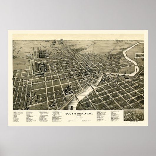 South Bend, IN Panorama Map - 1890 Poster (Voorkant)