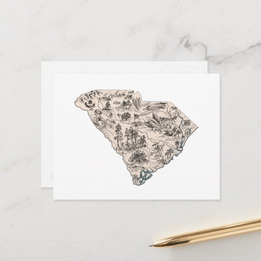 South Carolina  Afbeelding Map Antiek Briefkaart (Voorkant / Achterkant in situ)