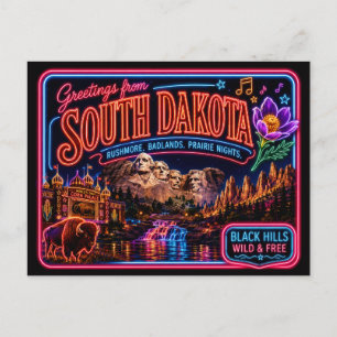 South Dakota Neon Staat Retro Vintage Briefkaart