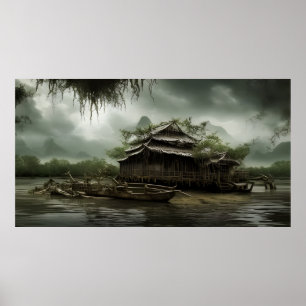 South East Asia Old House op een moeraslandschap Poster